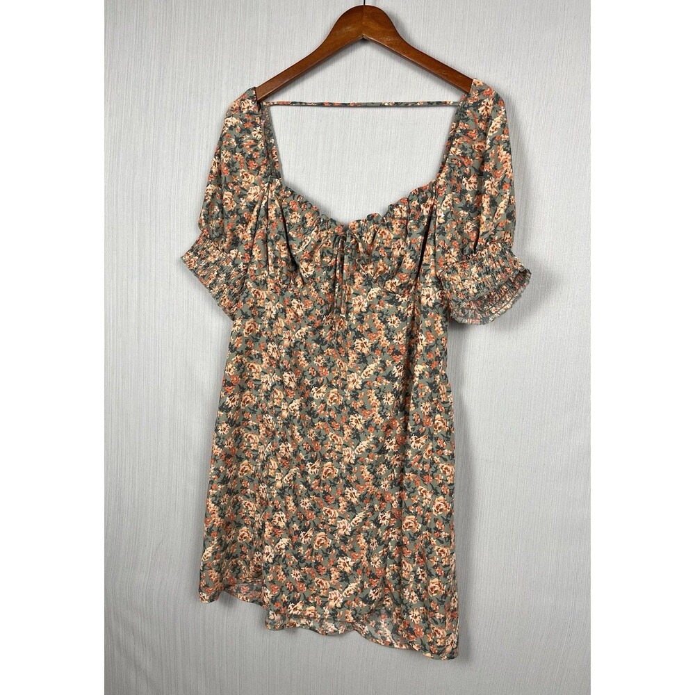 Trixxi Womens Dress XL Green Pink Floral Feminine Coquette Smocked Puff‎ Sleeve